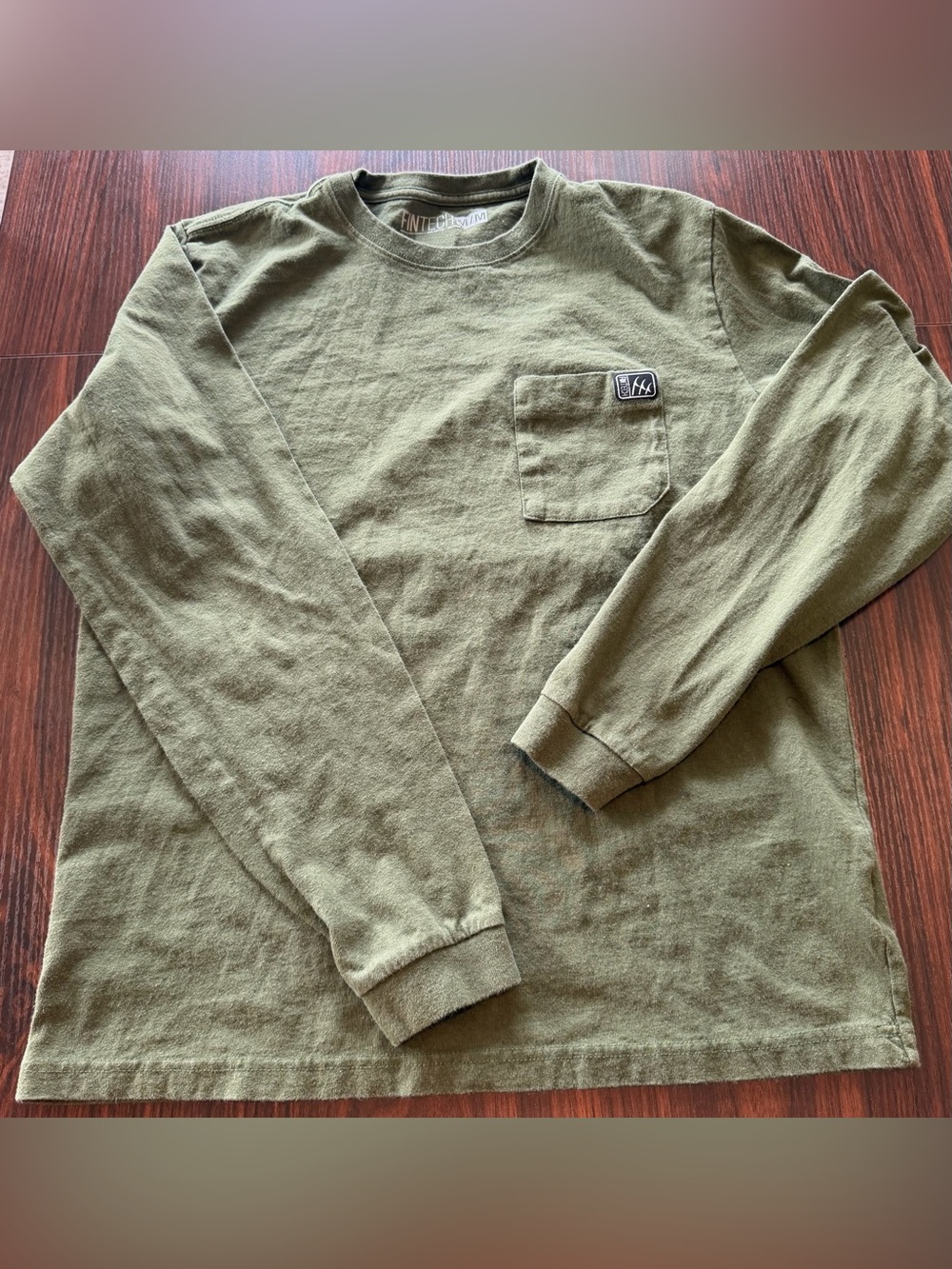 Fintech Mens Olive Green Long Sleeve Pocket T-Shirt Cotton Casual Size M